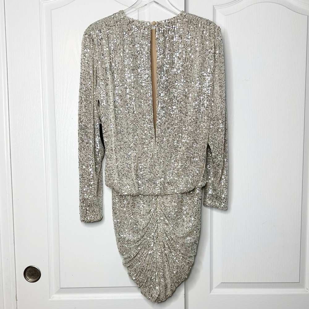 RETROFÉTE Flynn Ruched Sequined Tulle Mini Dress in Champagne Size Medium - Picture 6 of 13